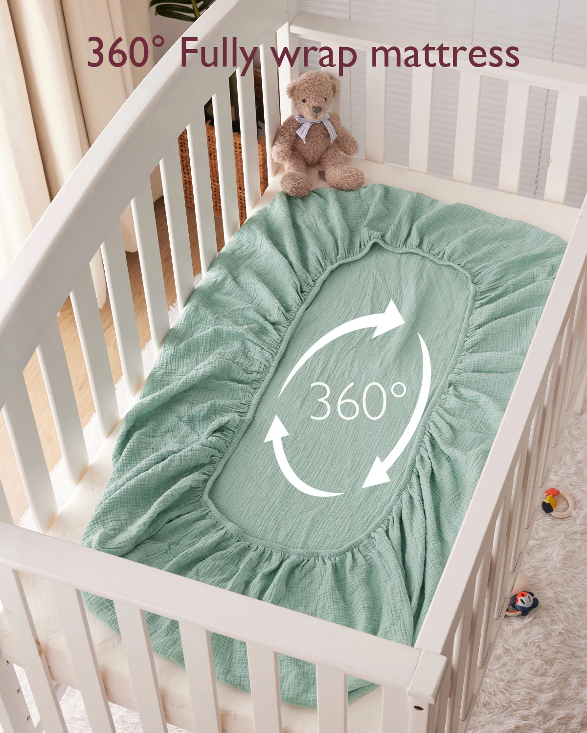 Momcozy Muslin Fitted Crib Sheets - 2 sizes - Green & Grey - Image 3