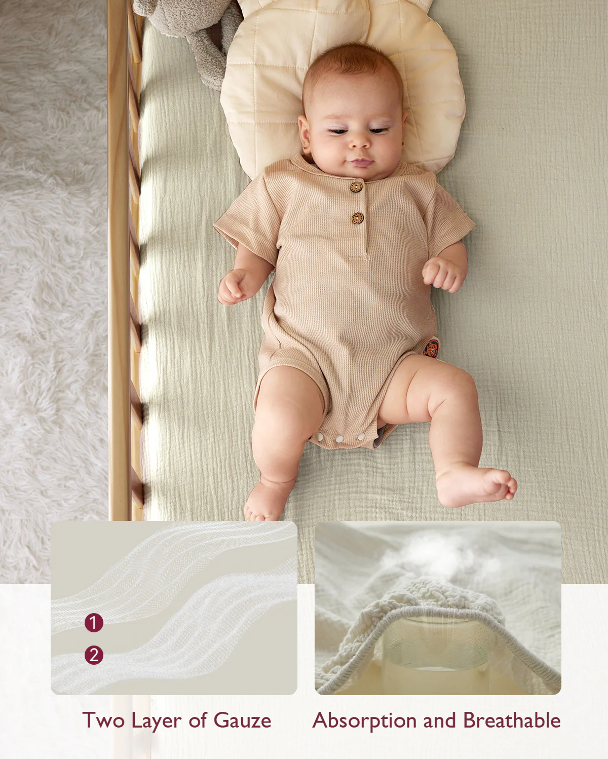 Momcozy Muslin Fitted Crib Sheets - 2 sizes - Green & Grey - Image 6