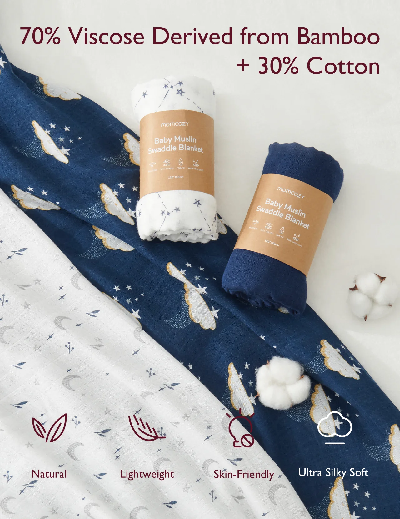 Momcozy Softness Swaddle Blankets -   Midnight Star Clouds (4 Pack) - Image 3